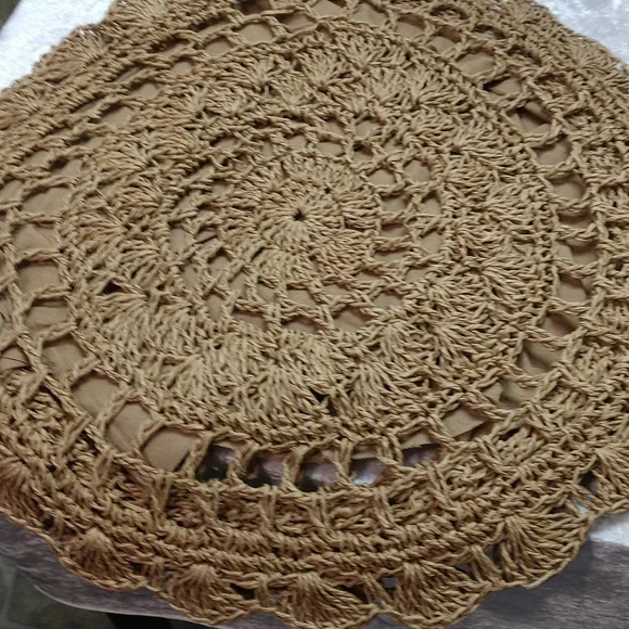 SALE Circle Handmade Crochet Shoulder Tote Bag Lined Zipper Light Brown Boho - Picture 6 of 13